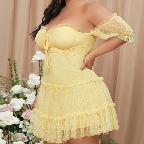 Plus Off Shoulder Knot Front Frill Trim Swiss Dot - Picture 2 of 4